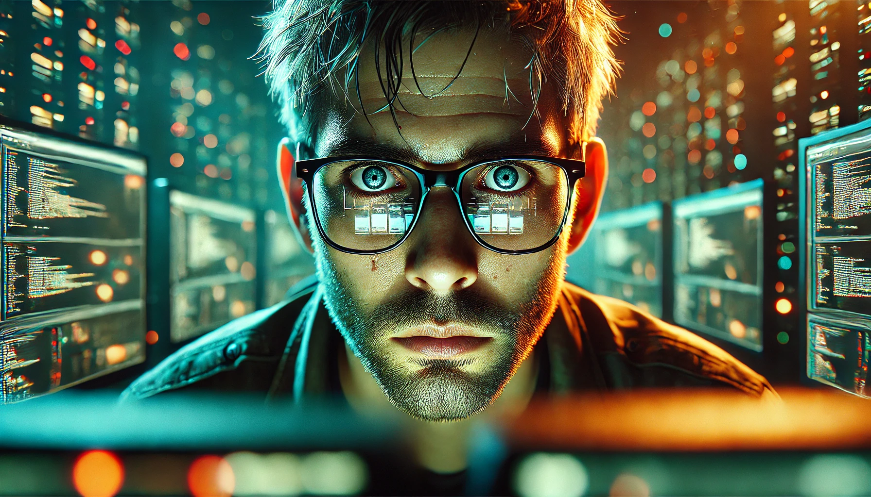 DALL·E 2024-08-21 09.29.33 - A hyper-realistic and dramatic 16_9 image of a man seated in front of several computer screens, with a serious, almost haunted expression on his face