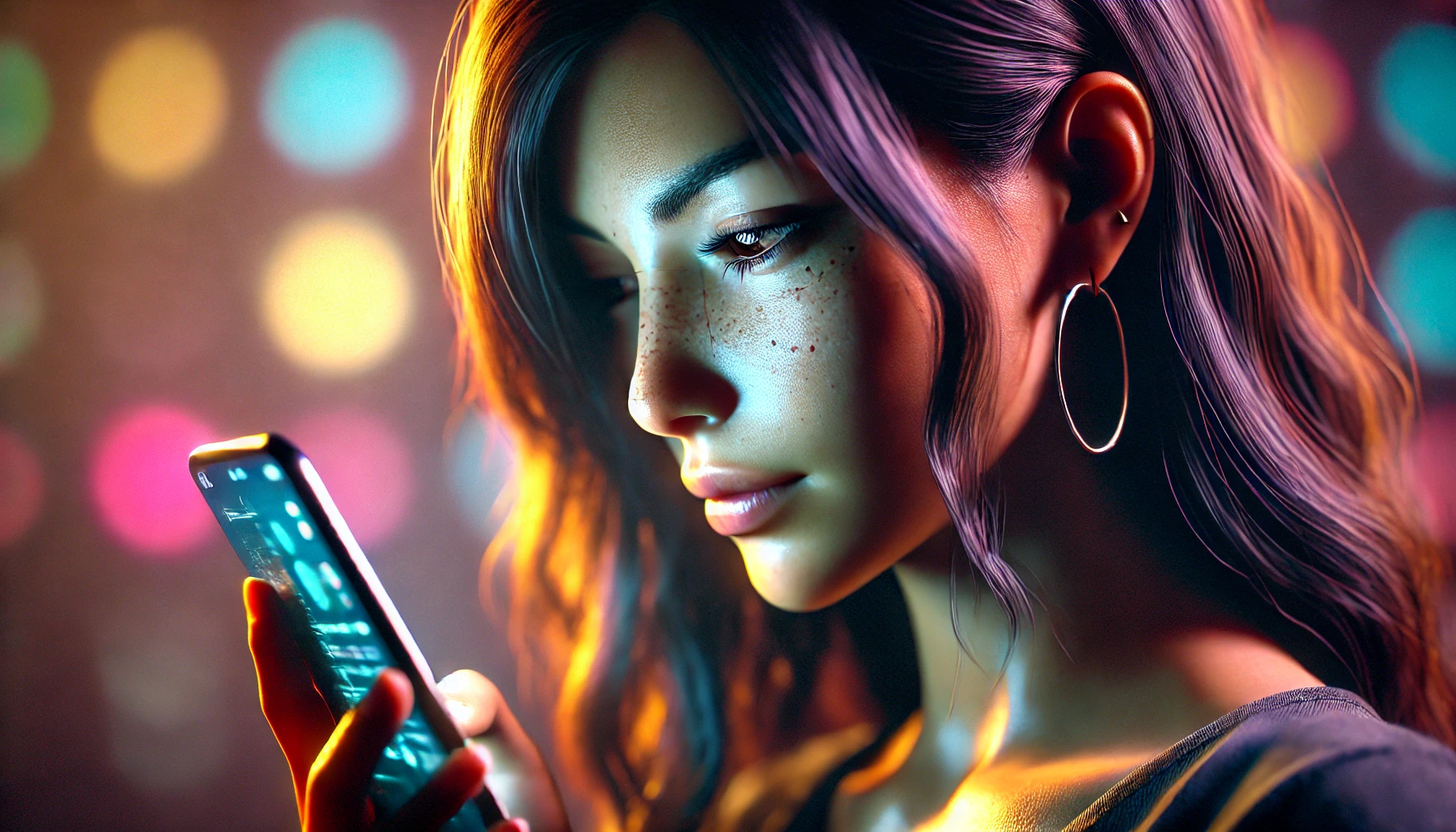 DALL·E 2024-08-21 09.14.26 - A hyper-realistic and dramatic close-up image of a young woman with long, dark hair, deeply engrossed in something on her smartphone. Her face is illu