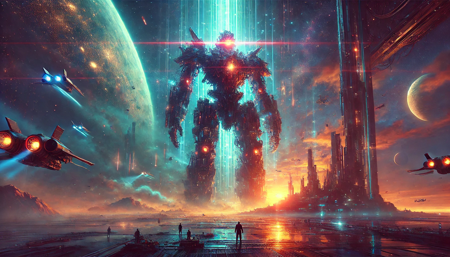 DALL·E 2024-08-21 09.17.38 - A hyper-realistic and dramatic sci-fi scene featuring a massive, towering robotic figure illuminated by glowing lights and energy beams. The environme