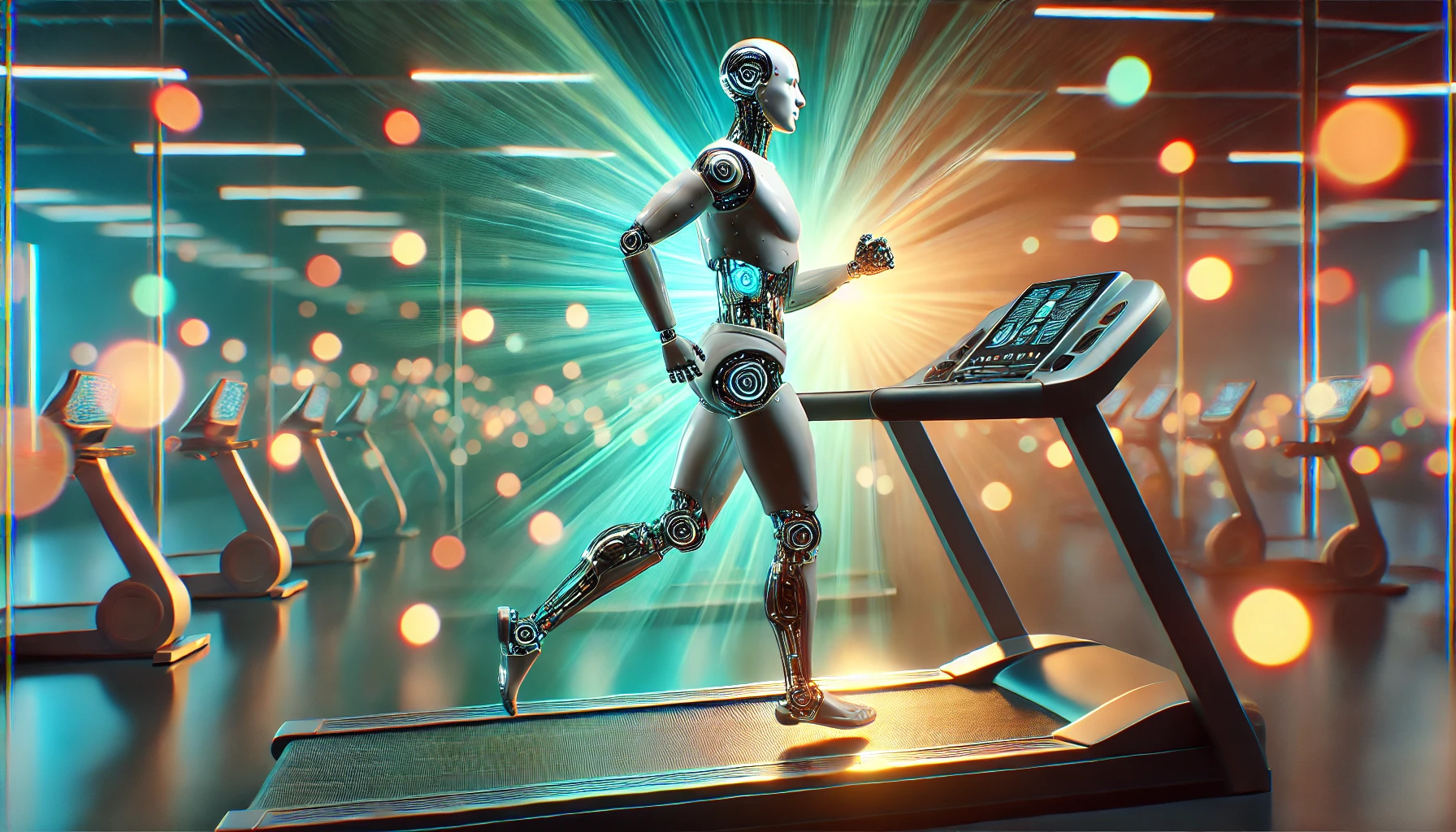 Robot humanoide corriendo en una cinta de ejercicios en un entorno futurista, con iluminación suave y un fondo con bokeh en tonos teal y naranja