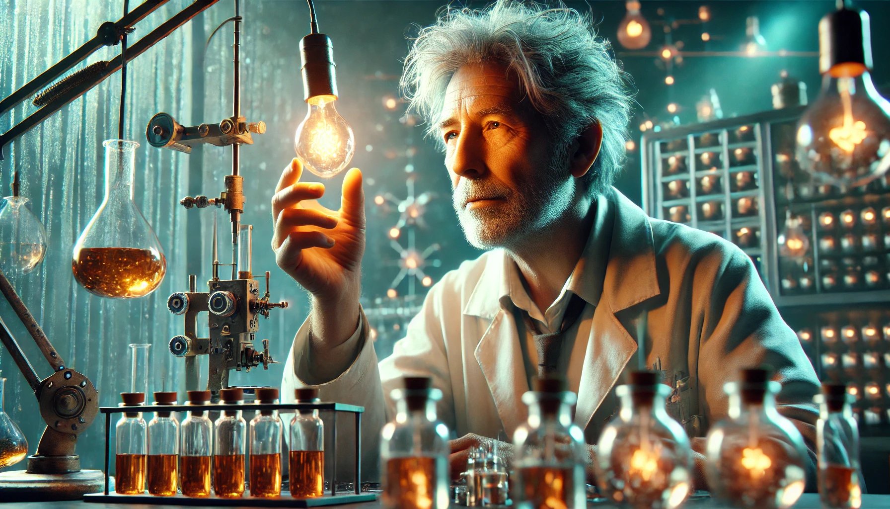 An older man with disheveled gray hair and a lab coat is deeply focused on his work. He holds a flask in one hand while working at a table filled with jars and lab equipment, showing a concentrated expression. In another scene, the same man manipulates a glowing lightbulb, leaning toward it with deep interest. The close-up view captures the intricate details of his face and the objects around him, emphasizing his intense focus and activity. The lighting is soft and dynamic, with multiple light sources creating reflections on the surfaces, adding depth. The background features a bokeh effect with teal and orange hues, creating a dreamy, sci-fi atmosphere.