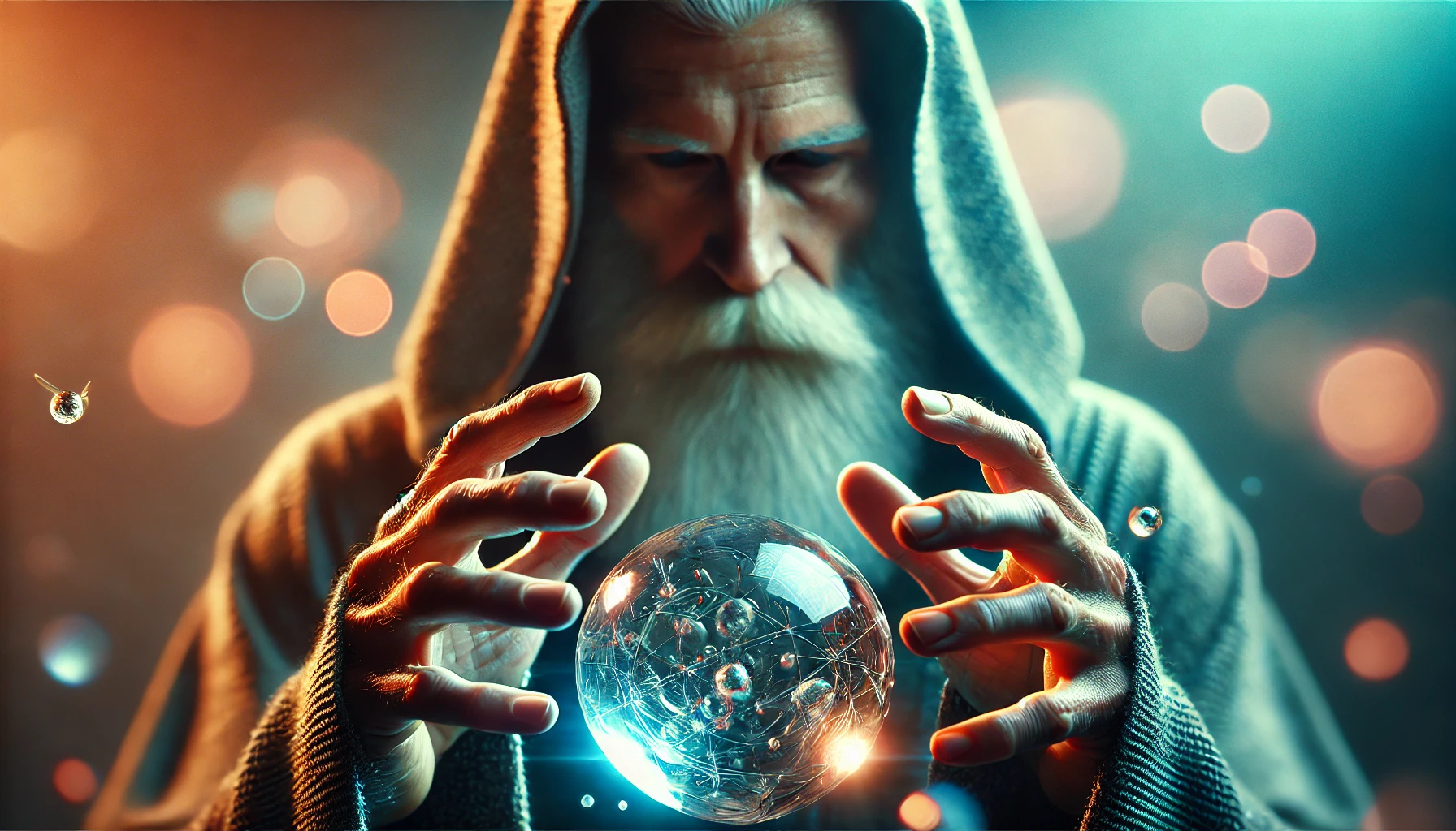 An elderly man with a long beard, wearing a hooded robe, concentrates on a floating crystal sphere in front of him. His hands are extended toward the sphere, while his face is blurred in the background, creating a mystical and futuristic atmosphere. The image features soft lighting with dynamic reflections and a bokeh effect in teal and orange hues, blending hyper-realism with sci-fi aesthetics.