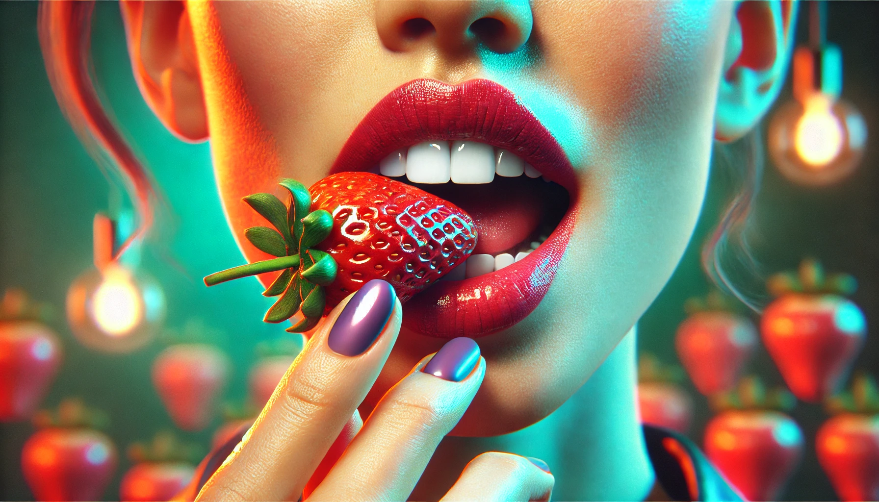 Close-up of a woman's mouth holding a strawberry near her lips. Her upper teeth are visible, as if about to bite the fruit, with vibrant colors and a retro aesthetic. The lighting is soft and dynamic, creating subtle reflections and enhancing the ethereal quality of the image, evoking a lively, energetic style.