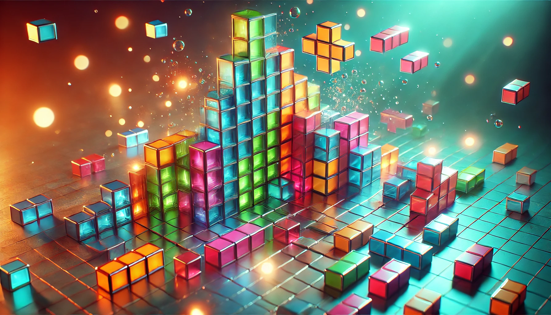 A wide 16:9, banner-style image inspired by the Tetris game, featuring colorful geometric blocks falling into place in a puzzle-like arrangement. The composition, with its bright colors and retro elements, highlights a vibrant and energetic style. The lighting is soft yet dynamic, with multiple light sources creating subtle reflections on metallic surfaces, adding depth and realism. A gentle glow surrounds the blocks, enhancing their ethereal quality. The style is hyper-realistic, with a touch of sci-fi and cyberpunk aesthetics, and a bokeh effect in the background featuring soft colors, predominantly teal and orange, beautifully contrasting with the detailed foreground.